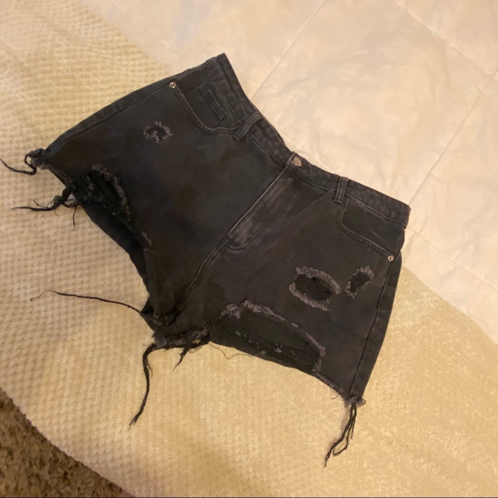Black distressed denim shorts